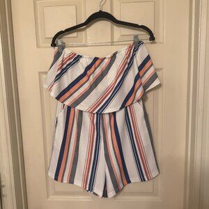 DDSOL Women Sexy Off Shoulder Striped Summer Strapless Romper Size L